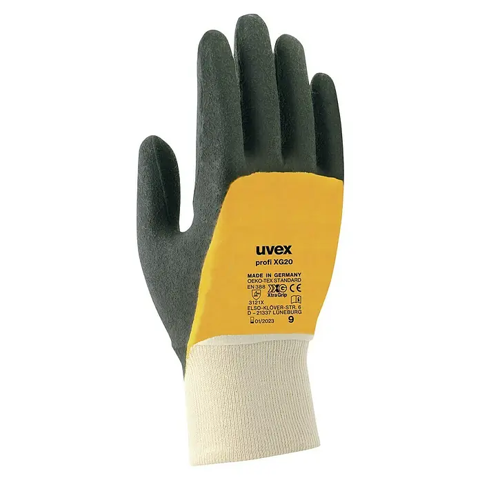 Uvex Arbeitshandschuhe Profi Ergo XG20 - 9, Weiß/Orange/Schwarz - Abbildung eines Uvex Profi XG20 Handschuhs mit gelber Handfläche und grauem Handrücken, der für optimalen Schutz und Griffigkeit sorgt.