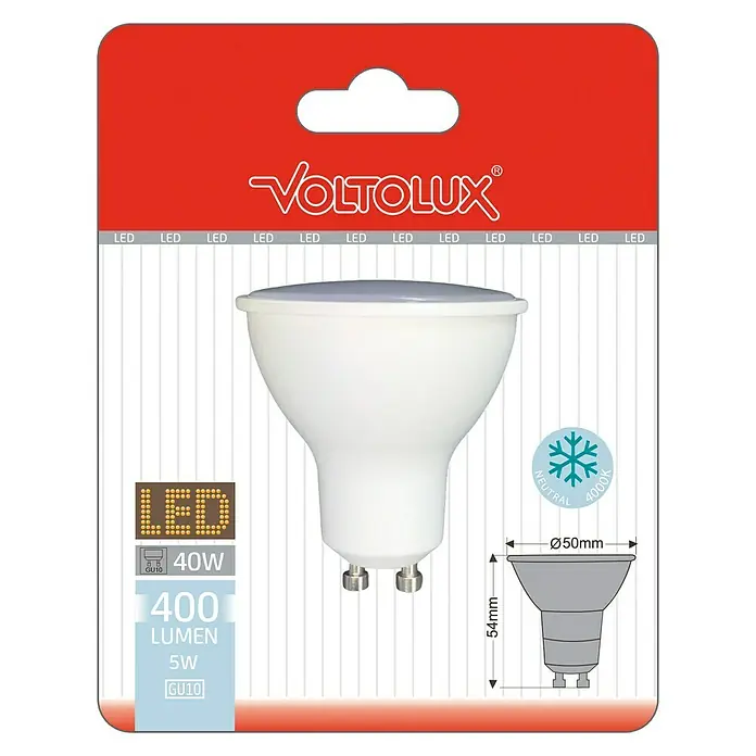 Voltolux Bombilla LED - GU10, No regulable, Blanco neutro, 400 lm, 5 W - Imagen del producto de una lámpara LED VOLTOLUX con 400 lúmenes, 5W y base GU10, luz blanca neutra (4000K) y dimensiones Ø50mm x 54mm.