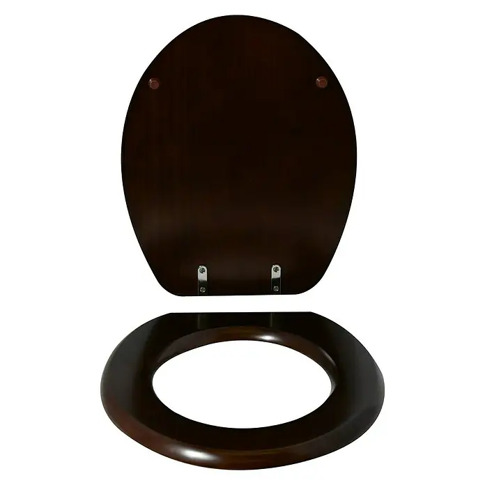 MSV Tapa de WC - Madera, Wengué, Con caída amortiguada - Un asiento de inodoro de madera oscura con tapa, abierto y con bisagras plateadas, sobre un fondo blanco liso.