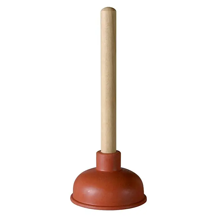 Desatascador campana - 115 mm, Apto para: Fregaderos - Un desatascador marrón con mango de madera sobre fondo blanco. Ideal para solucionar atascos en el hogar fácilmente.