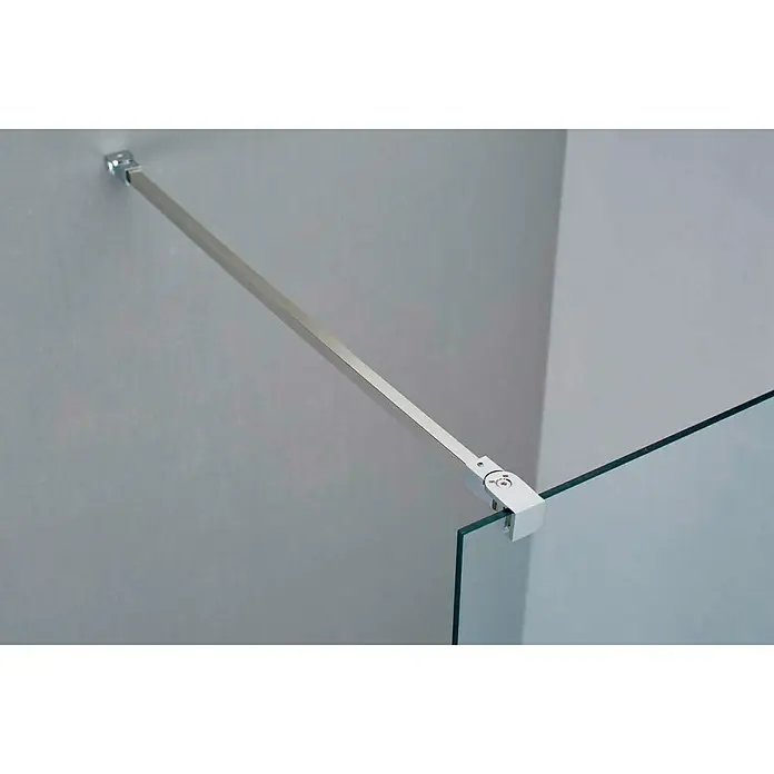 GME Brazo de agarre ajustable a la pared Screen - Ángulo de sujeción: 45 ° - 90 °, Cuadrado - Primer plano de una mampara de ducha con una barra de soporte metálica fijada a la pared, que proporciona estabilidad.
