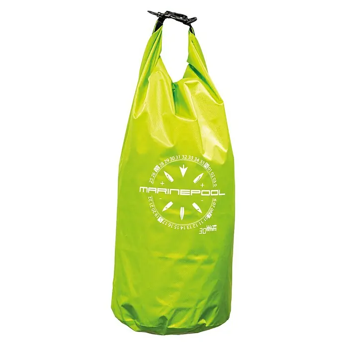 Marinepool Drybag Ripstop Tactic - Fassungsvermögen: 10 l, Hellgrün - Grüner, wasserdichter Marinepool Seesack mit schwarzem Verschluss und weißem Aufdruck mit nautischem Design.