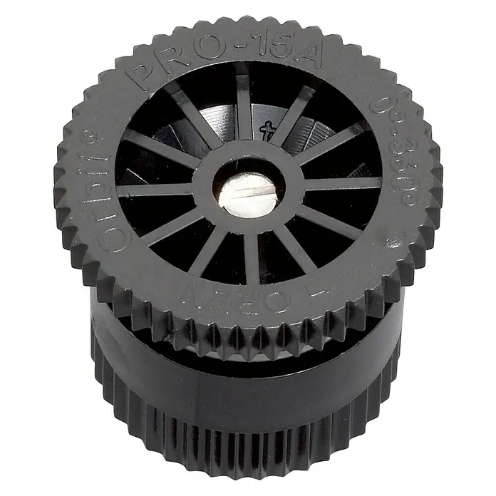 Orbit Tobera pulverizadora 600 l/h - 2 pzs. - Primer plano de una boquilla de pulverización Orbit Pro-15A, ideal para regar pequeños jardines o céspedes con control de agua preciso.