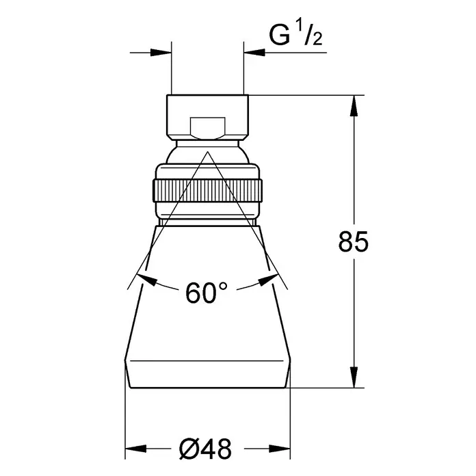 Grohe Relexa Plus Kopfbrause - Durchmesser: 4,8 cm, Anzahl Funktionen: 1 Stk., Chrom - Produktzeichnung eines Wasserhahns mit Maßangaben, inklusive Durchmesser, Winkel und Gewinde.