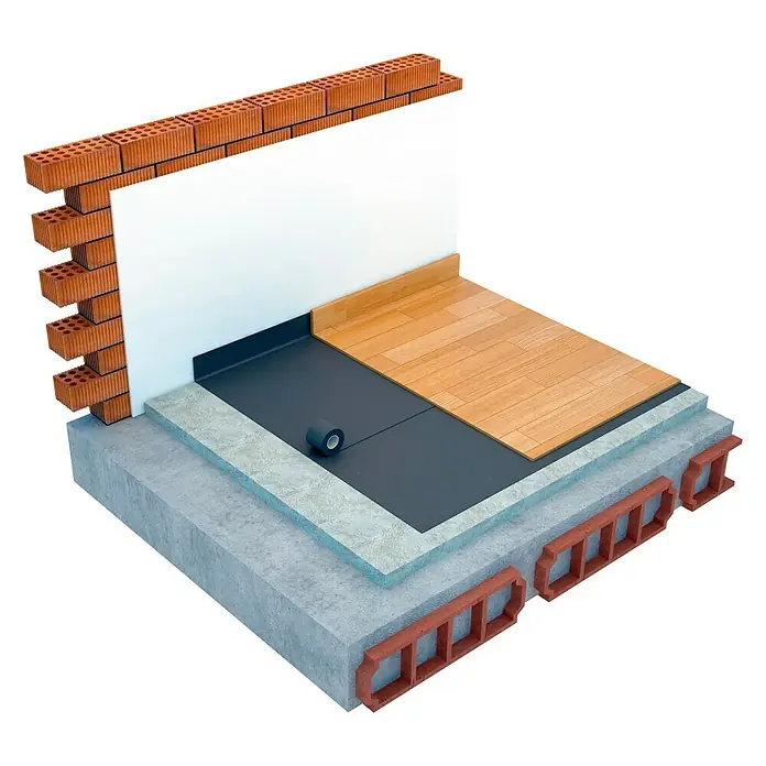 Bur2000 Base aislante Sound 2 - 25 m², Espesor: 2 mm - Esta ilustración muestra una sección transversal de una construcción de piso, con varias capas, incluyendo ladrillo y pisos de madera.