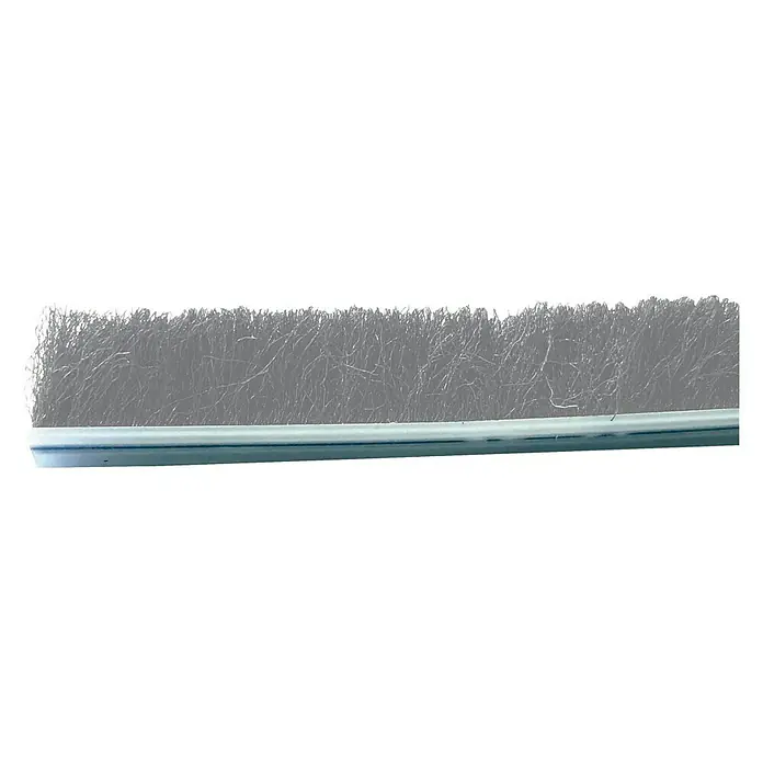 Burlete para ventanas Flecos - Blanco, Largo: 6 m, Ventana - La imagen muestra una burlete con cepillo con cerdas grises y un soporte azul, utilizada para sellar puertas o ventanas.
