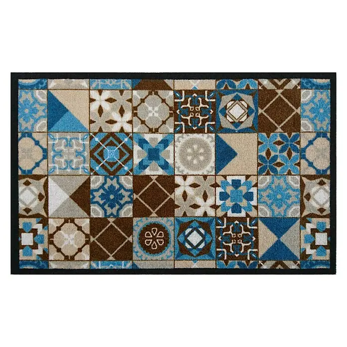Alfombra corredera de cocina Kitpic tiles - Azul, 80 x 50 cm - Esta alfombra con un diseño de baldosas cuadradas en azul, beige y marrón, es una adición atractiva a cualquier entrada.