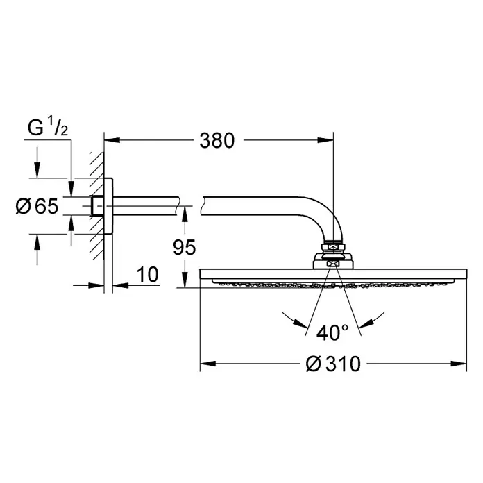 Grohe Rainshower Cosmopolitan 310 Kopfbrausen-SetDurchmesser: 31 cm, 9,5 l/min, Wandmontage, Warm Sunset - Technische Zeichnung eines Duschkopfs mit Arm, mit Maßangaben zu Durchmesser und Abständen.