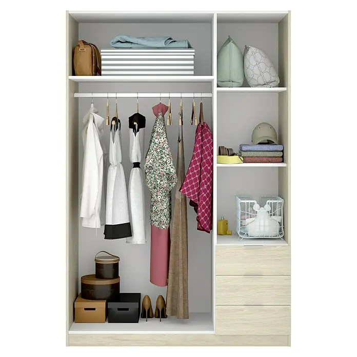 Dekit Armario para ropa Essen con cajones - L x An x Al: 52 x 121 x 184 cm, Natural, Número de cajones: 3 ud. - Toma de un vestidor con ropa, cajas y accesorios perfectamente guardados en las estanterías.