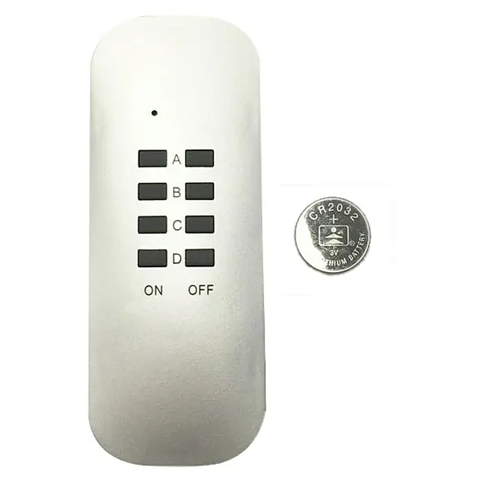 Voltomat Set de enchufes inalámbricos 3+1 - Plateado, 1.000 W - Controlador de luces LED blanco con botones A, B, C, D, de encendido/apagado y batería CR2032.