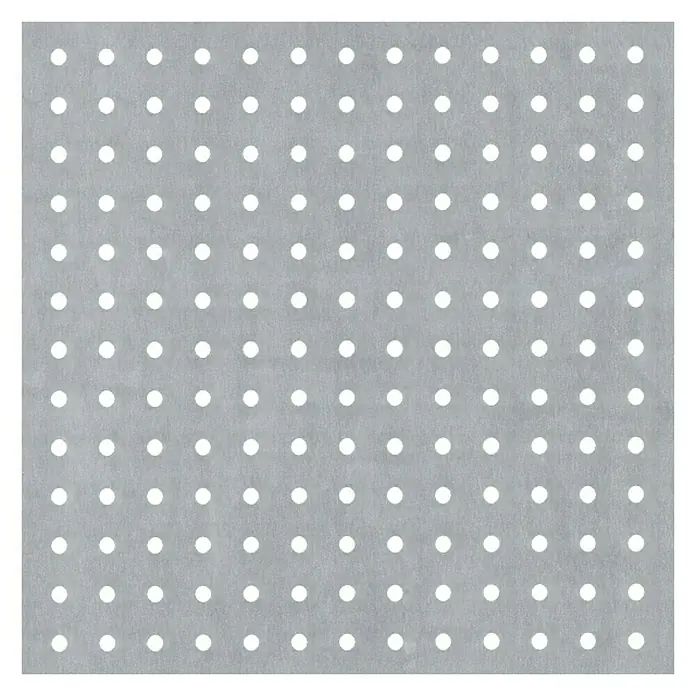 Alberts Chapa perforada de círculos - 1.000 x 120 mm, Espesor: 1,5 mm, Aluminio, Sin tratar - Tablero perforado gris con un patrón regular de agujeros blancos, perfecto para organizar herramientas en talleres y salas de hobby.