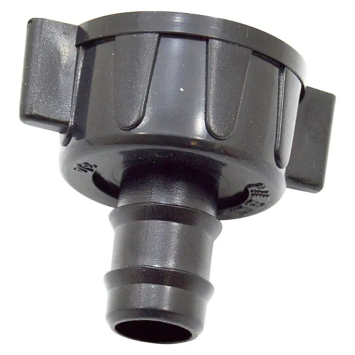 Conector para manguera goteo Hembra - ¾″, 16 mm, Plástico - Primer plano de un adaptador de riego negro con púas y alas, perfecto para sistemas de riego de jardín.