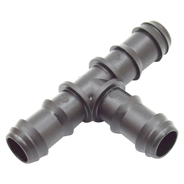 Pieza T goteo - 16 mm, 2 ud. - Conector de tubo en T de plástico negro, ideal para diversas aplicaciones de fontanería.