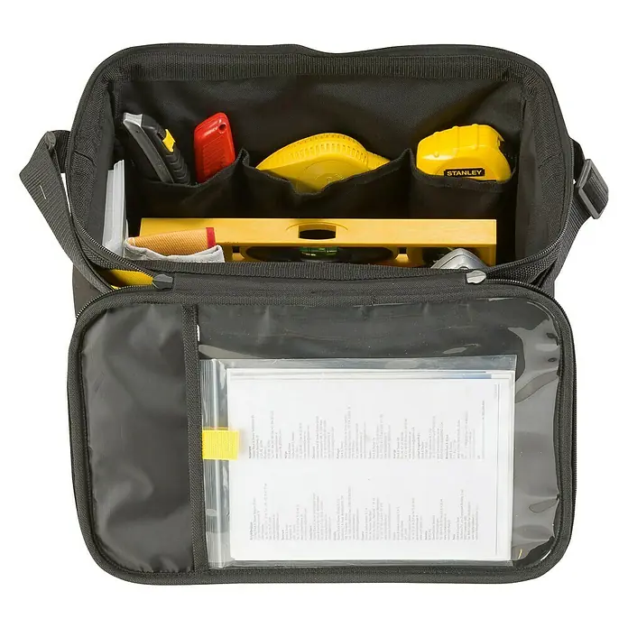 Stanley Bolsa para herramientas STS1- 73615 - Herramientas de mano, No incluye herramientas - Una bolsa de herramientas negra llena de varias herramientas y un compartimento para documentos, perfecta para comerciantes y aficionados al bricolaje.