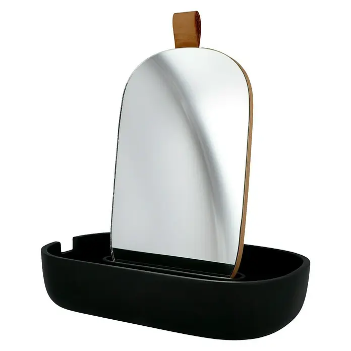 Venus Katta Kosmetikspiegel - 20,5 x 9,5 x 12,5 cm, Schwarz - Dieser elegante Standspiegel besticht durch sein modernes Design mit Lederdetail und schwarzem Sockel, ideal für jeden Schminktisch.