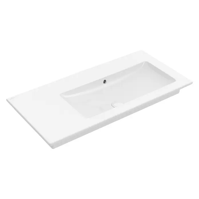 Villeroy & Boch Venticello Einbauwaschbecken - 100 x 50 cm, Mit schmutzabweisender Glasur, Hahnloch: Ohne, Weiß, Ablagefläche: Links - Auf dem Bild ist ein Waschbecken aus Keramik in Weiß zu sehen, das sich ideal für moderne Badezimmer eignet. Es bietet sowohl Stil als auch Funktionalität.