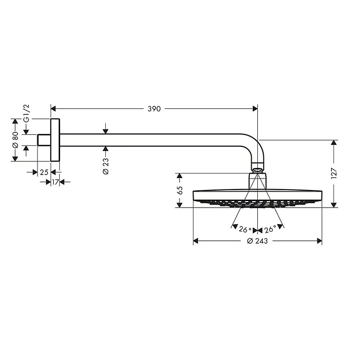 Hansgrohe Kopfbrausen-Set Raindance Select S 240 - Durchmesser: 24 cm, 17 l/min, Wandmontage, Chrom - Technische Zeichnung einer Kopfbrause mit Maßangaben, Durchmesser und Winkeln für Installation und Design.