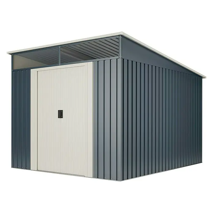 Hoggar Caseta para jardín Slevik - Medidas ext. (An x Pr): 238 x 279 cm, Antracita, Beige, Acero, Área: 6,6 m² - Cobertizo de jardín de metal con techo corredizo y puerta blanca para almacenamiento exterior adicional.