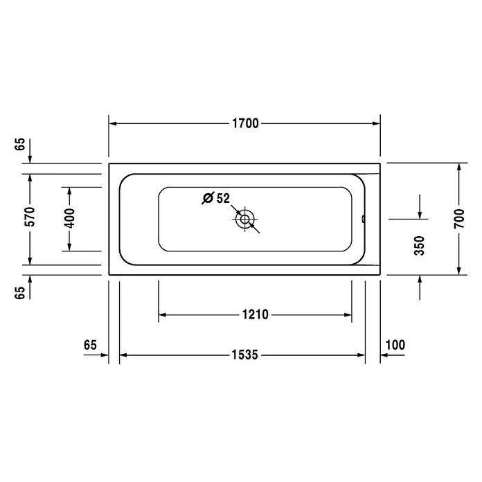 Duravit D-Code Badewanne - 170 x 70 cm, Sanitäracryl, Weiß - Technische Zeichnung einer rechteckigen Badewanne mit Maßen für Installation und Planung.