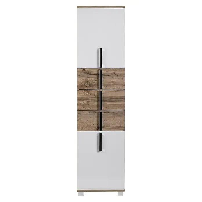 Schildmeyer Luca Hochschrank - 40 x 32 x 174 cm, Weiß/Wotaneiche - Elegante Kommode in Weiß und Holzoptik mit schlanken, schwarzen Griffen. Perfekt für moderne Wohnräume und bietet stilvollen Stauraum.