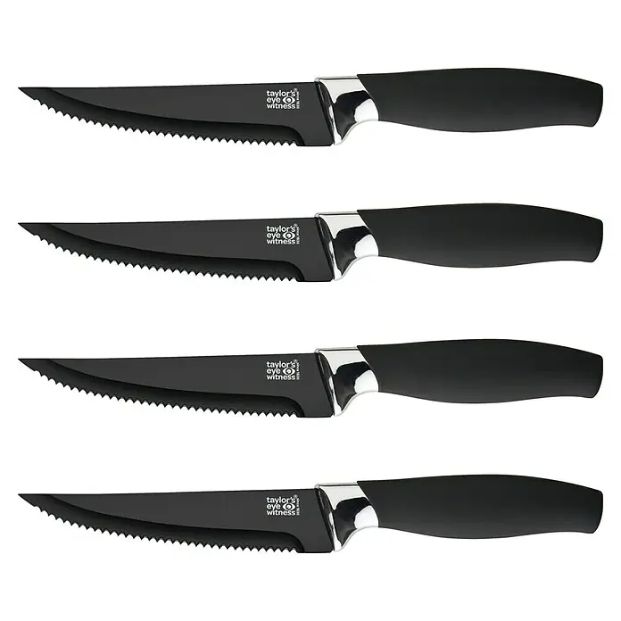 Taylor's Eye Witness Steakmesser-Set - 4 Stk., Schwarz, 115 mm - Vier Taylor's Eye Witness Steakmesser in Schwarz mit Wellenschliff und ergonomischem Griff, ideal für den täglichen Gebrauch.