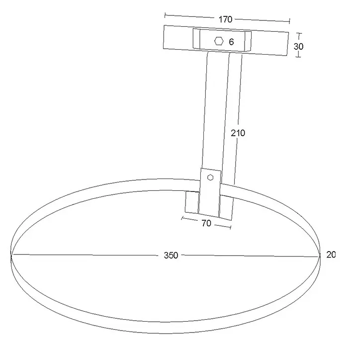 WMT Eindrehhalterung für Müllbeutel - Dunkelgrün - Schema einer Lampe mit den Maßen 350 x 20 mm für den Ring, 170 x 30 mm für die obere Halterung und 70 mm für die untere Halterung.