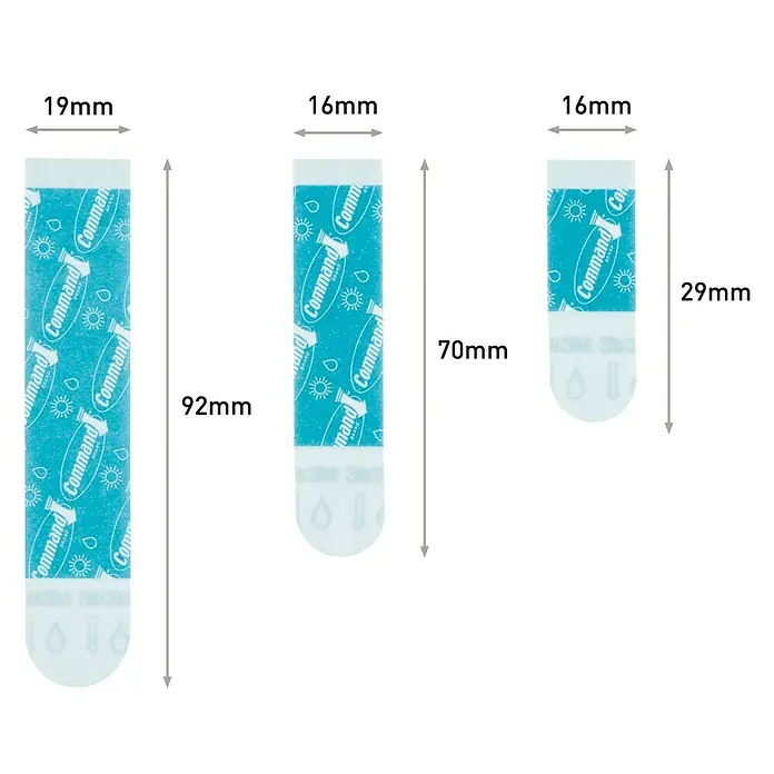 3M Command Cinta engomada W17200 - Blanco - Un primer plano de tiras adhesivas Command en varios tamaños, que muestra las dimensiones de 19 mm x 92 mm, 16 mm x 70 mm y 16 mm x 29 mm.