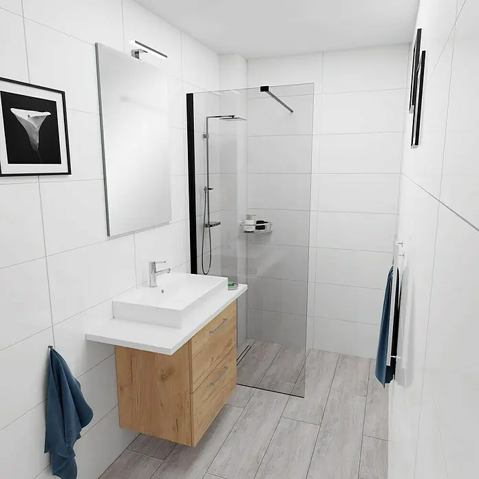 Camargue Espacio Badmöbel-Set i106 - 100 cm, Doce - Helles Badezimmer mit Waschtischunterschrank in Holzoptik, Aufsatzwaschbecken, Spiegel und Dusche mit Glaswand.