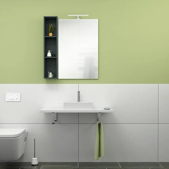 Camargue Espacio Modulregal - 20 x 17 x 90 cm, Anthrazit - Ein modernes Badezimmer mit einem Spiegel und einer grauen Ablagefläche, einem Waschbecken und einer Toilette.