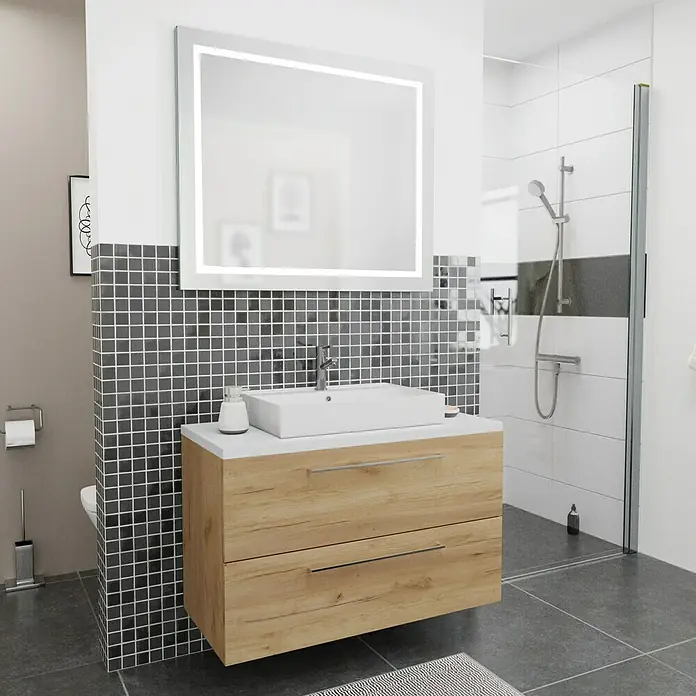 Camargue Espacio Waschtischunterschrank - 100 x 46 x 60 cm, 2 Schubkästen, Doce - Ein Badezimmerwaschtisch mit Holzfront, weißem Becken und beleuchtetem Spiegel sorgt für moderne Eleganz im Bad.