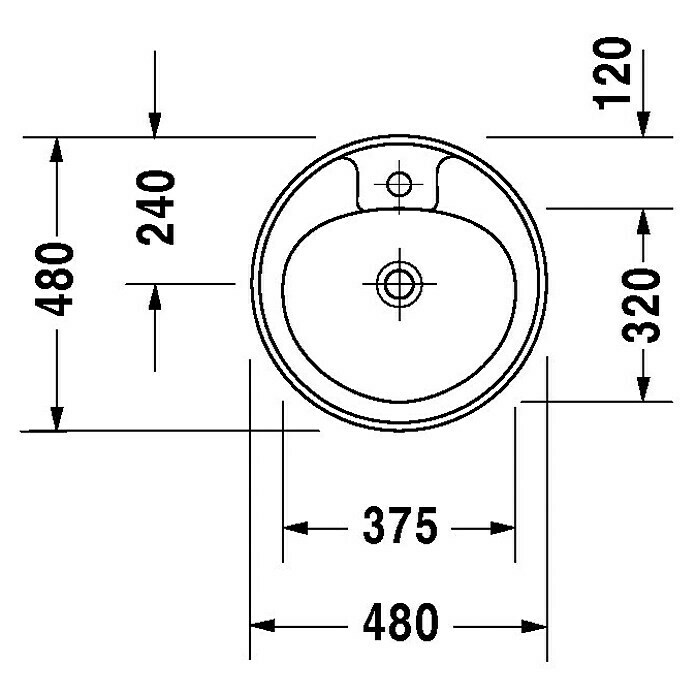 Duravit Waschschale ManuaDurchmesser: 48 cm, Mit schmutzabweisender Glasur, Hahnloch: Mitte, Mit Überlauf, Weiß Sketch