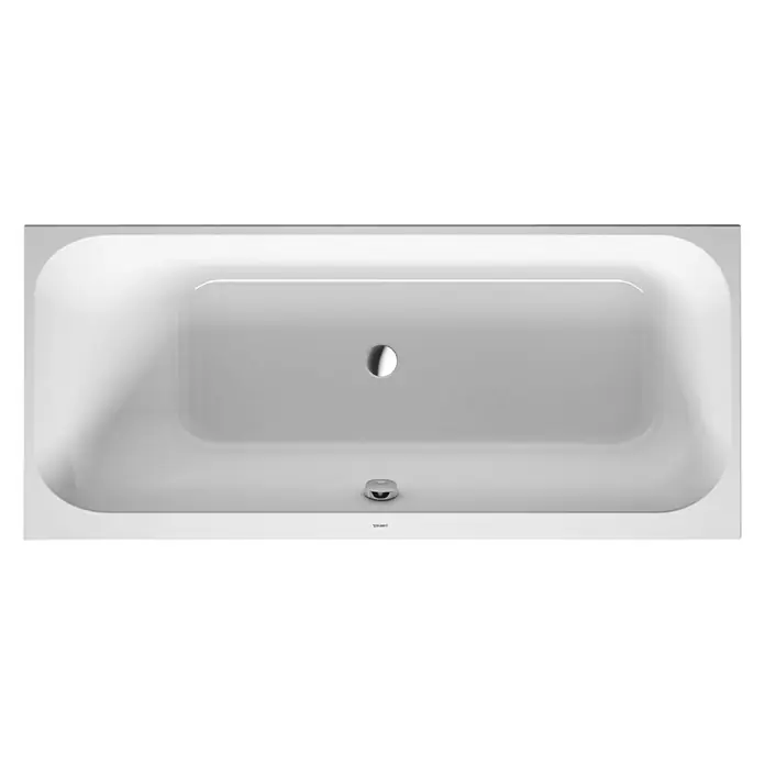 Duravit Happy D.2 Badewanne - 170 x 70 cm, Sanitäracryl, Weiß, Rückenschräge links - Hochwinkelaufnahme einer rechteckigen, weißen Duravit-Badewanne mit runden Enden und mittigem Abfluss.
