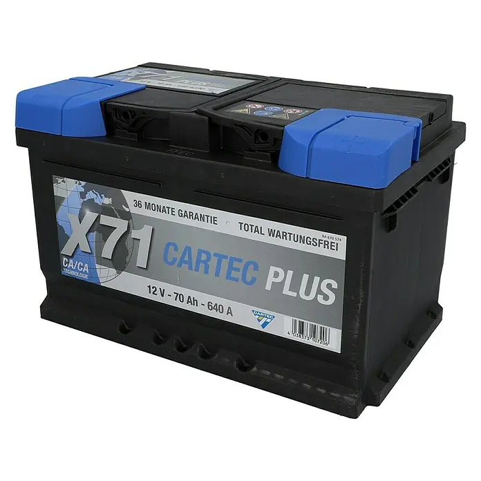 Cartec Autobatterie Plus - Kapazität: 70 Ah, Typ Autobatterie: Blei-Säure - Abgebildet ist eine Cartec Plus Autobatterie X71 mit 12V, 70Ah und 640A, die für ihre Leistung und Wartungsfreiheit bekannt ist.