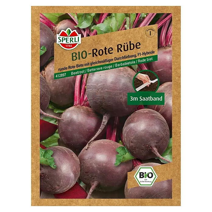 Sperli Gemüsesamen Rote Bete - Beta vulgaris, Erntezeit: August - Samenpackung für Bio-Rote Rübe. Runde Rote Bete für eine gleichmäßige Durchfärbung, F1-Hybride und 3m Saatband.