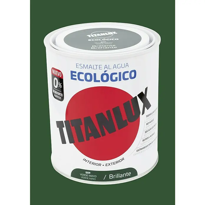 Titanlux Esmalte de color Eco - Verde mayo, Brillante, 250 ml, Base de agua - Bote de pintura al agua "Ecologico" de Titanlux en verde, ideal para interiores y exteriores, ecológica y brillante para acabados perfectos.