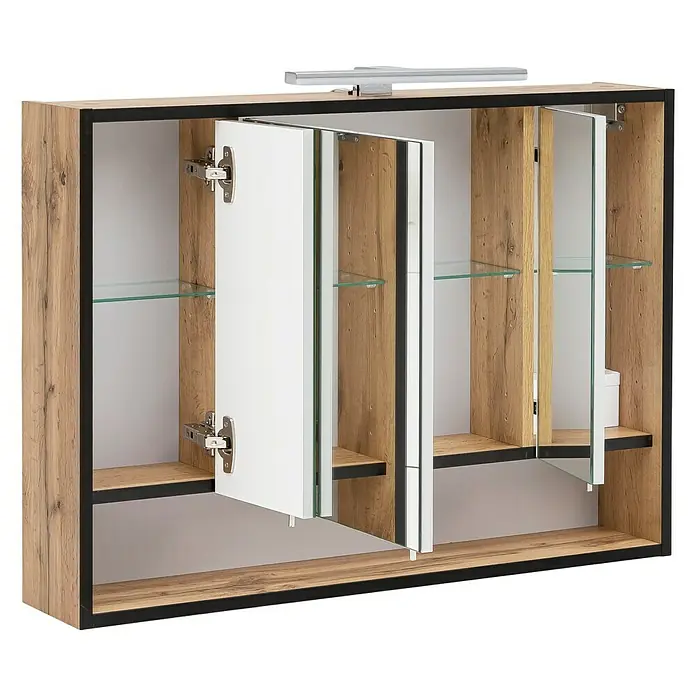 Schildmeyer Max LED-Spiegelschrank - B x H: 80 x 65 cm, Mit Beleuchtung, Holz, Eiche Nachbildung - Ein stilvoller Spiegelschrank mit Holzelementen und Glastablaren, ideal für jedes Badezimmer.