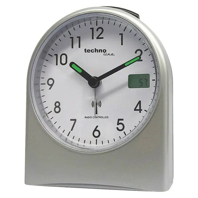 Technoline Funkwecker WT 755 - Analoges Display, Batteriebetrieben, Silber, 5,5 x 9,5 x 11,5 cm - Silberfarbener, funkgesteuerter Technoline-Wecker mit analoger und digitaler Zeitanzeige. Ideal für Nachttisch oder Reisen.