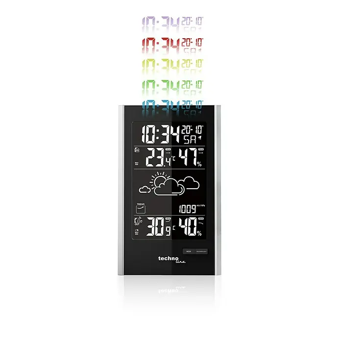 Technoline Wetterstation WS9060 - Anzeige: LED, Netzbetrieben, Schwarz, 4,7 m x 11,3 cm x 18,6 mm - Eine digitale Wetterstation von Techno Line mit Anzeige von Zeit, Temperatur, Luftfeuchtigkeit und Wettervorhersage.