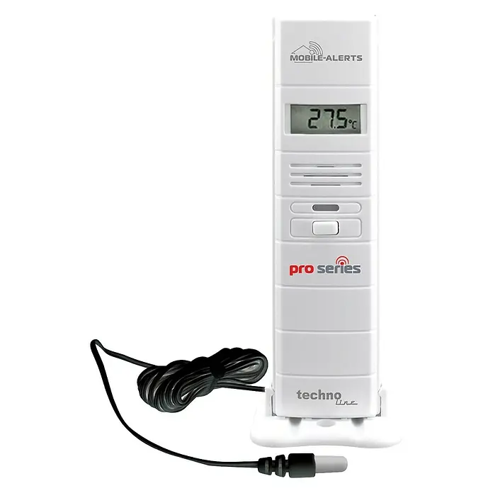 Mobile-Alerts Sensor MA10320 - Batteriebetrieben, Weiß, 2,1 x 3,8 x 12,8 cm - Das Bild zeigt ein digitales Thermometer der Marke Techno Line Pro Series mit einem externen Sensor und Kabel. Die Temperaturanzeige beträgt 27.5°C.