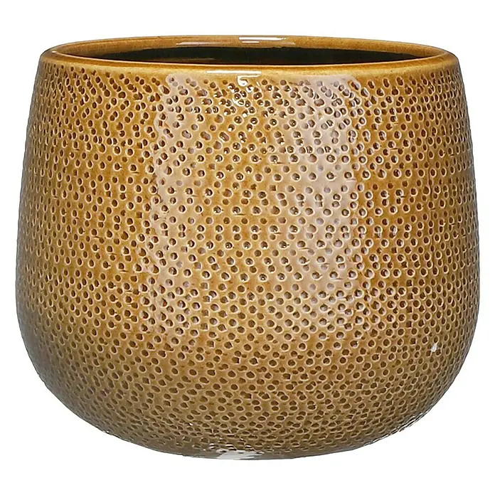 Mica Decorations Übertopf rund Gabriel - Außenmaß (Ø x H): 18 x 16 cm, Ockergelb, Keramik - Nahaufnahme eines braunen Keramikblumentopfes mit einem genoppten Muster, ideal für Zimmerpflanzen und Gartenakzente.