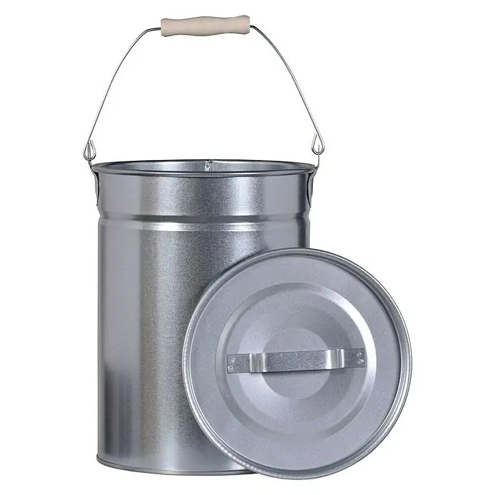 Ascheeimer - 14 l, Verzinkt, Deckel - Metallbehälter mit Deckel und Holzgriff am Henkel. Ideal zur Aufbewahrung und zum Transport von Materialien.