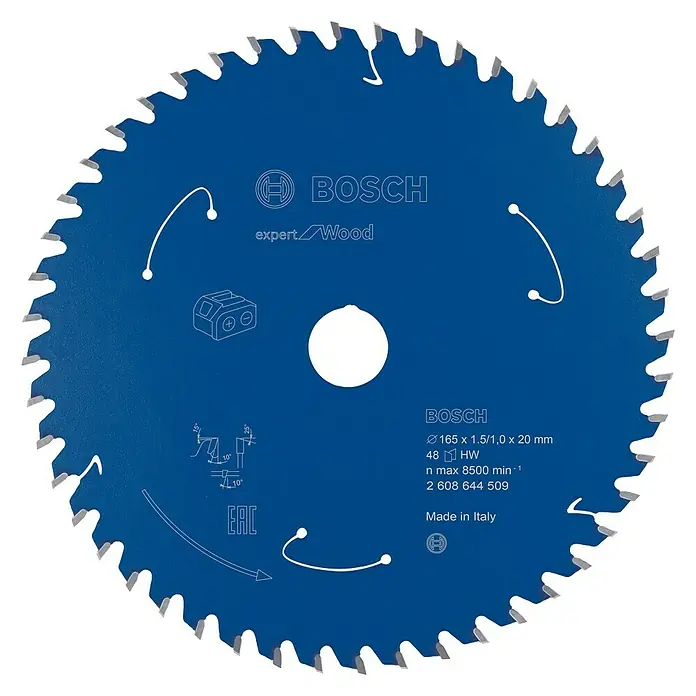 Bosch Kreissägeblatt Expert for Wood - 165 mm, Bohrung: 20 mm, Anzahl Zähne: 48 Stk. - Nahaufnahme eines blauen Bosch Expert Wood Kreissägeblatts mit scharfen Zähnen und Produktdetails.