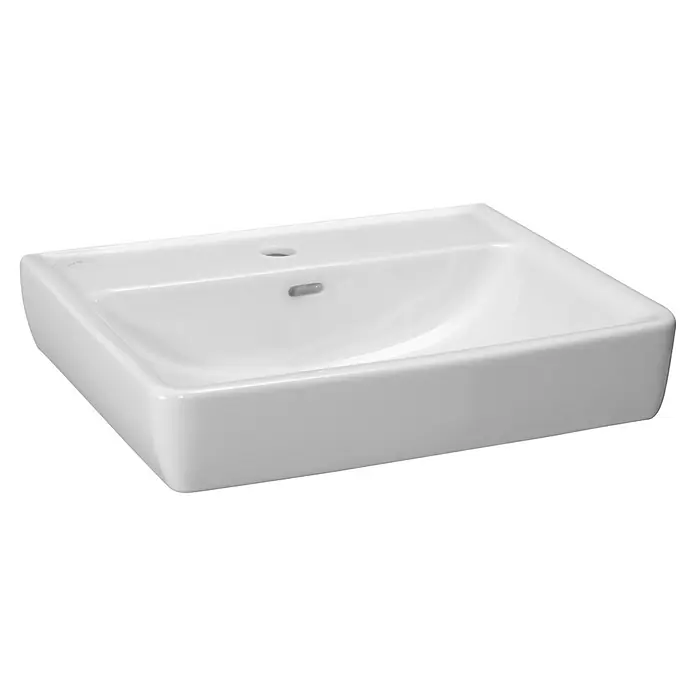 Laufen Pro Waschtisch A - 55 x 48 cm, Ohne Spezialglasur, Hahnloch: Mitte, Mit Überlauf, Weiß - Nahaufnahme eines rechteckigen, weißen Keramikwaschbeckens mit einem Hahnloch und einem Überlaufloch vor einem weißen Hintergrund.