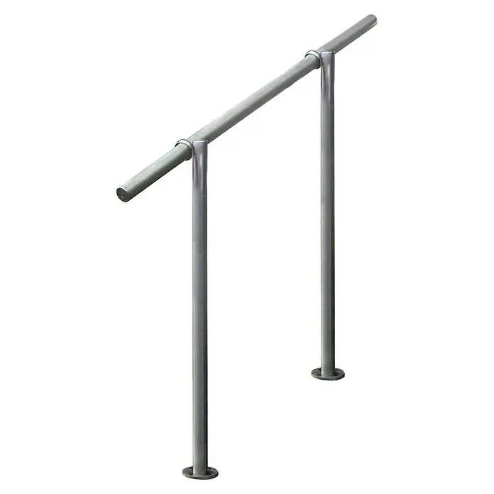 Treba Frewa Geländer-Set GE2 - Oberbodenmontage, Edelstahl V2A, Grau Metallic, Länge: 150 cm - Abbildung einer robusten, silberfarbenen Stehvorrichtung mit zwei parallelen Stangen, ideal für Rehabilitationsübungen und zur Unterstützung der Mobilität.