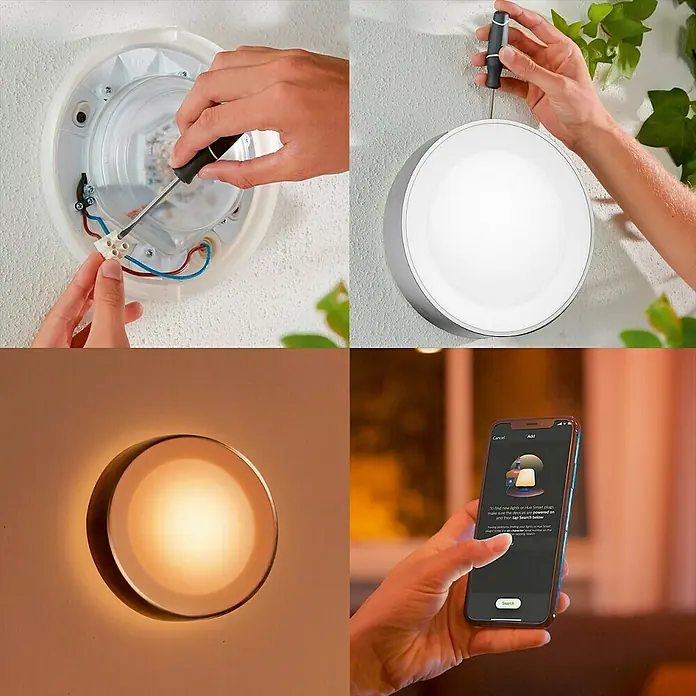 Philips Hue LED-Außenwandleuchte White & Color Ambiance Daylo - 15 W, 22 x 22 x 7,6 cm, Silber, IP44 - Installation einer runden Außenleuchte und Steuerung per Smartphone für intelligentes Lichtdesign.