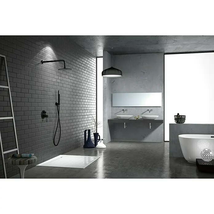 Imex Milos Sistema de ducha empotrado - Con grifo monomando, Negro - Grifo de ducha negro en una pared de azulejos con una base de ducha blanca y decoración de baño minimalista al fondo.
