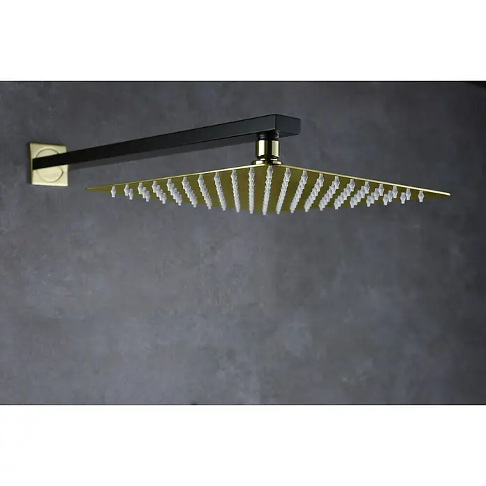 Imex Suecia Sistema de ducha empotrado - Con grifo monomando, Negro/Dorado - Cabezal de ducha cuadrado dorado con silicona blanca y brazo negro para una experiencia de ducha lujosa.