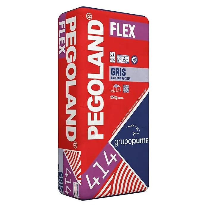 Grupo Puma Cemento cola Pegoland Flex Gris - 25 kg - Adhesivo para baldosas PEGOLAND Flex 414 en saco. El adhesivo cementoso es gris e ideal para trabajos de alicatado interiores y exteriores.