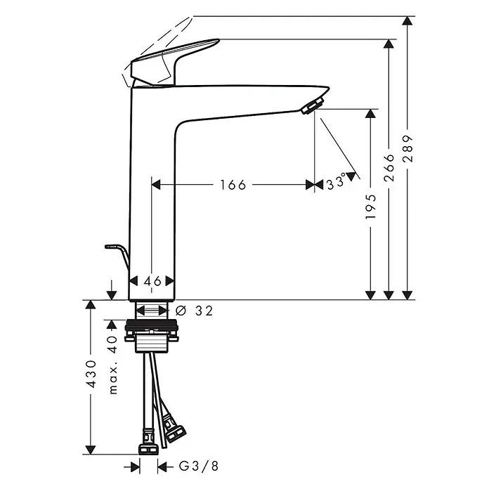 Hansgrohe Logis Waschtischarmatur 190 - Chrom, Glänzend - Technische Zeichnung eines Wasserhahns mit Maßangaben zu Höhe, Ausladung und Anschluss für Installationszwecke.