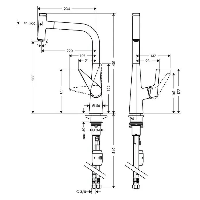 Hansgrohe Talis Select Spültischarmatur S 300 - Chrom, Glänzend, Ausziehbar - Schemazeichnung einer Armatur mit den Maßangaben für die Installation.